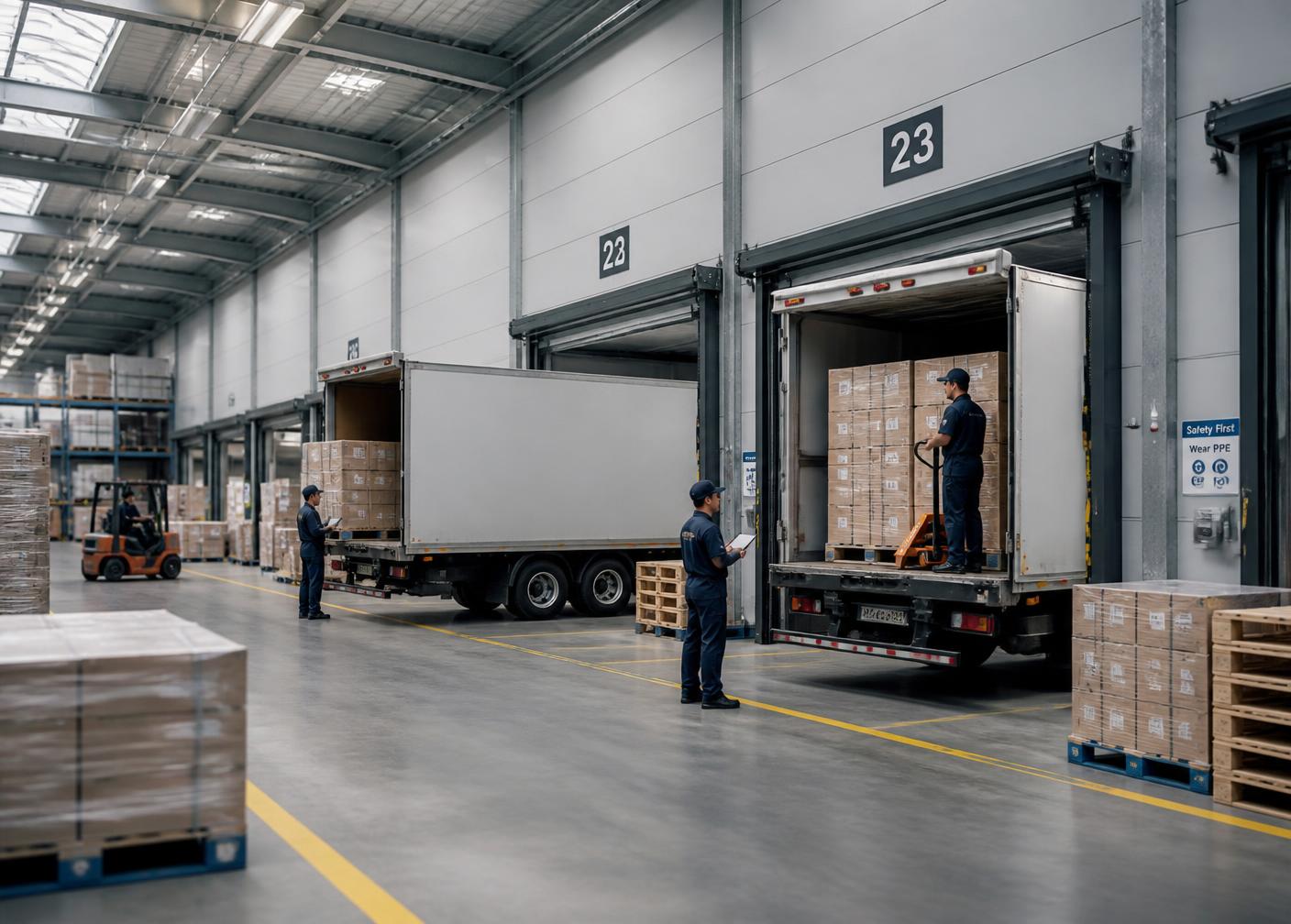 Loading dock with trucks being loaded at a logistics warehouse