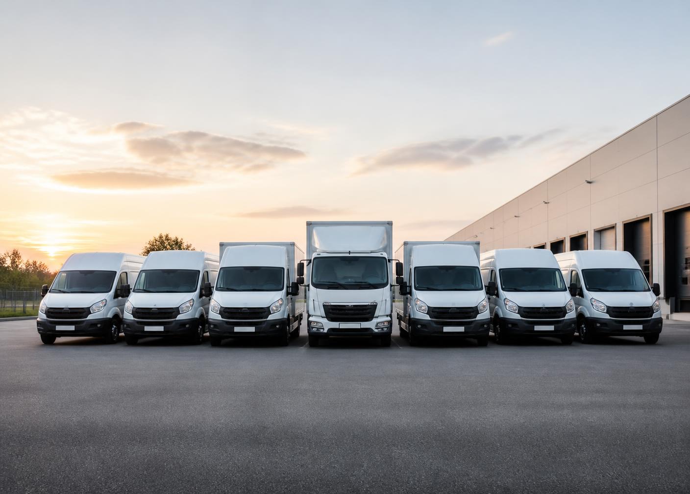 A fleet of commercial vans and trucks parked in a yard